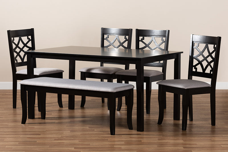 Denmark Modern and Contemporary Gray Fabric Upholstered and Dark Brown Finished Wood 6-Piece Dining Set