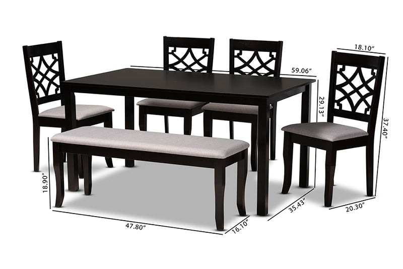 Denmark Modern and Contemporary Gray Fabric Upholstered and Dark Brown Finished Wood 6-Piece Dining Set