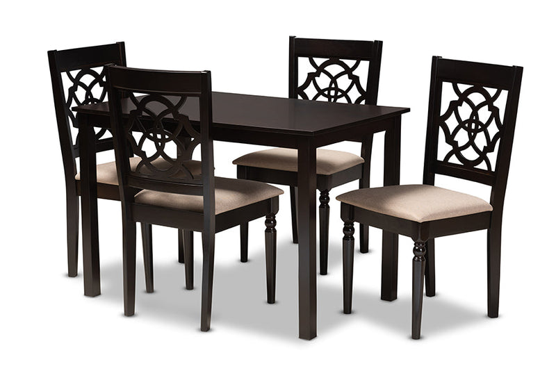 Papua Sand Fabric Upholstered Espresso Brown Finished 5-Piece Wood Dining Set Baxton