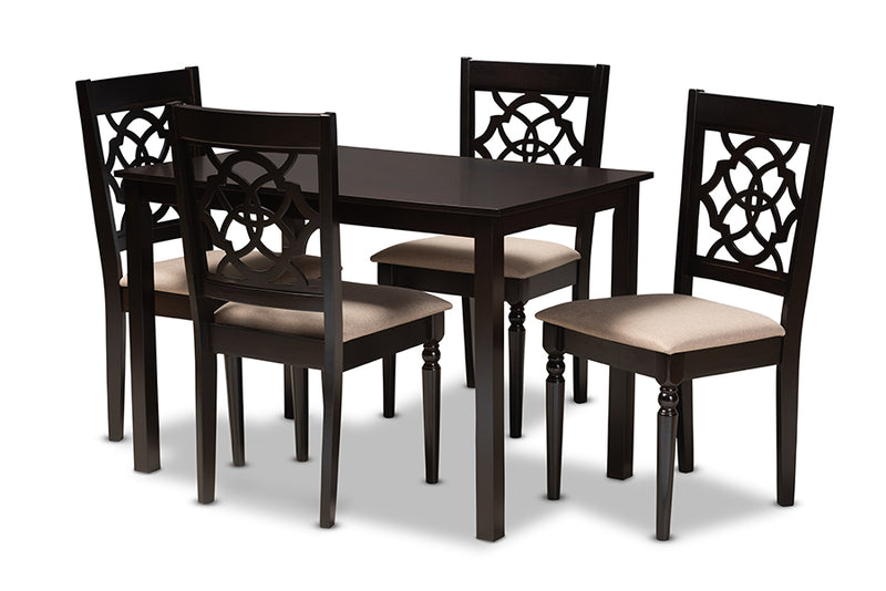 Papua Modern and Contemporary Sand Fabric Upholstered Espresso Brown Finished 5-Piece Wood Dining Set