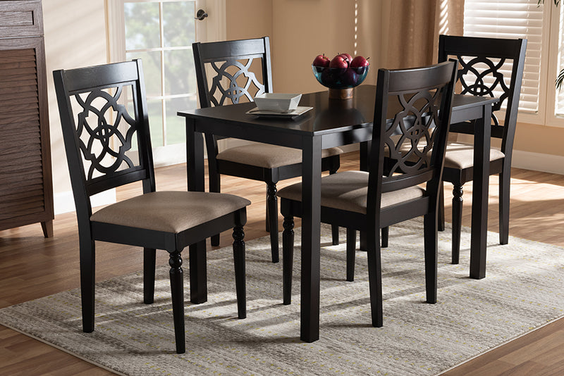 Papua Modern and Contemporary Sand Fabric Upholstered Espresso Brown Finished 5-Piece Wood Dining Set