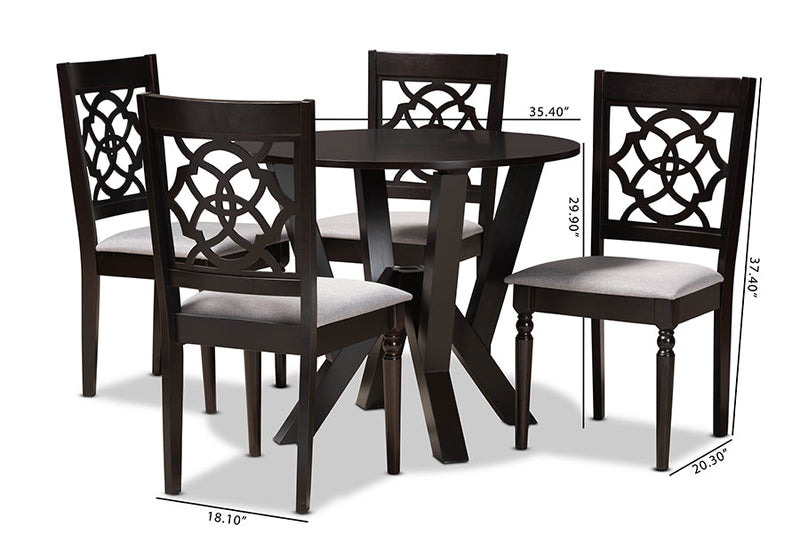 Louetta Gray Fabric Upholstered and Dark Brown 5-Piece Dining Set Baxton