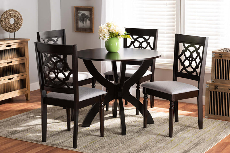 Esme Gray Fabric Upholstered and Dark Brown 5-Piece Dining Set Baxton