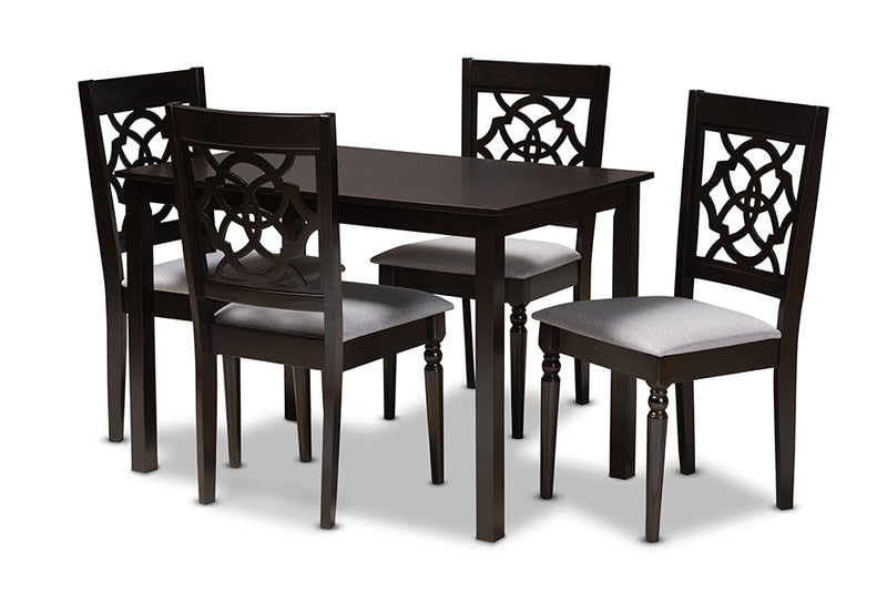 Papua Gray Fabric Upholstered Espresso Brown Finished 5-Piece Wood Dining Set Baxton