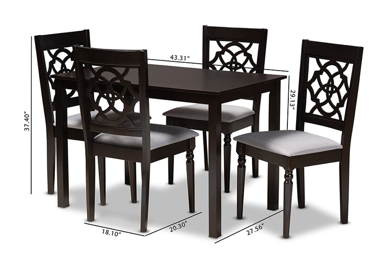 Papua Gray Fabric Upholstered Espresso Brown Finished 5-Piece Wood Dining Set Baxton