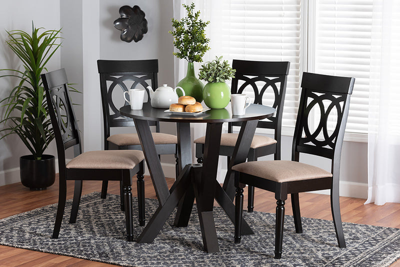 Earvin Modern Sand Fabric and Dark Brown Finished Wood 5-Piece Dining Set