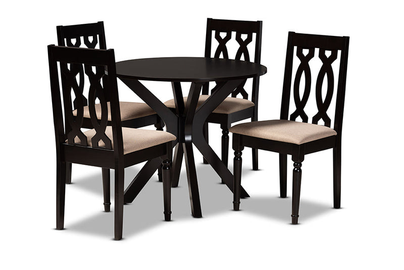 Sabriel Sand Fabric Upholstered and Dark Brown 5-Piece Dining Set Baxton