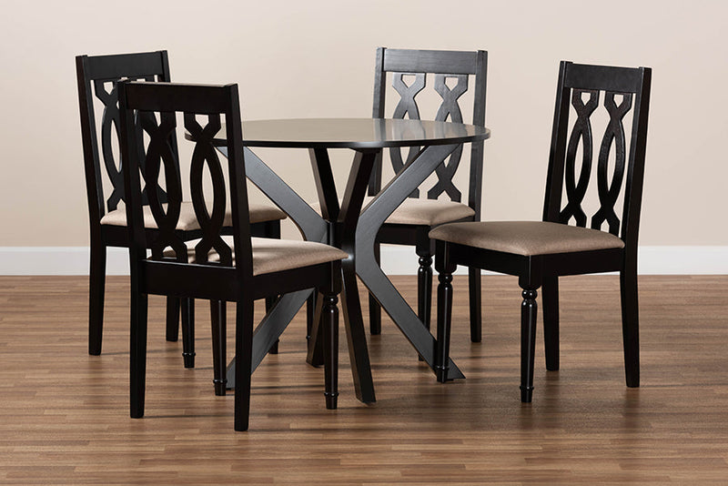 Sabriel Sand Fabric Upholstered and Dark Brown 5-Piece Dining Set Baxton