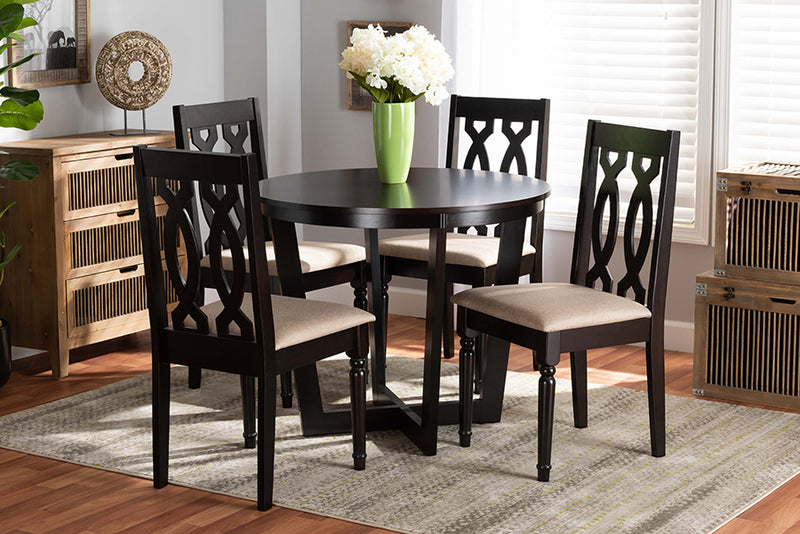 Paine Modern and Contemporary Sand Fabric Upholstered and Dark Brown Finished Wood 5-Piece Dining Set