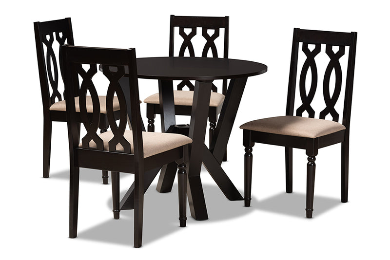 Ferguson Modern and Contemporary Sand Fabric Upholstered and Dark Brown Finished Wood 5-Piece Dining Set