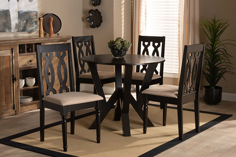 Ferguson Modern and Contemporary Sand Fabric Upholstered and Dark Brown Finished Wood 5-Piece Dining Set