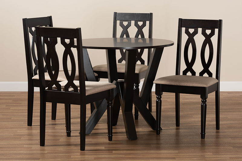 Ferguson Modern and Contemporary Sand Fabric Upholstered and Dark Brown Finished Wood 5-Piece Dining Set