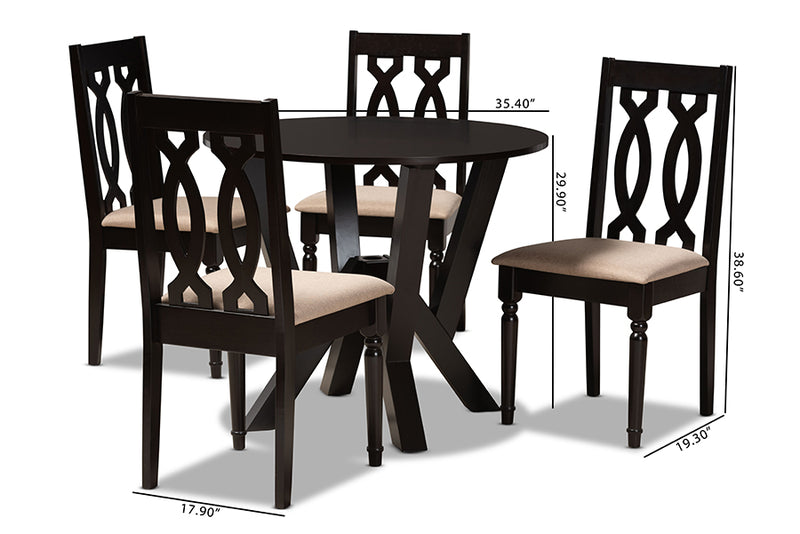 Ferguson Modern and Contemporary Sand Fabric Upholstered and Dark Brown Finished Wood 5-Piece Dining Set