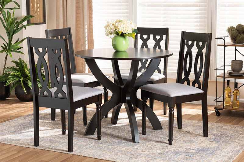 Camira Gray Fabric Upholstered and Dark Brown 5-Piece Dining Set Baxton