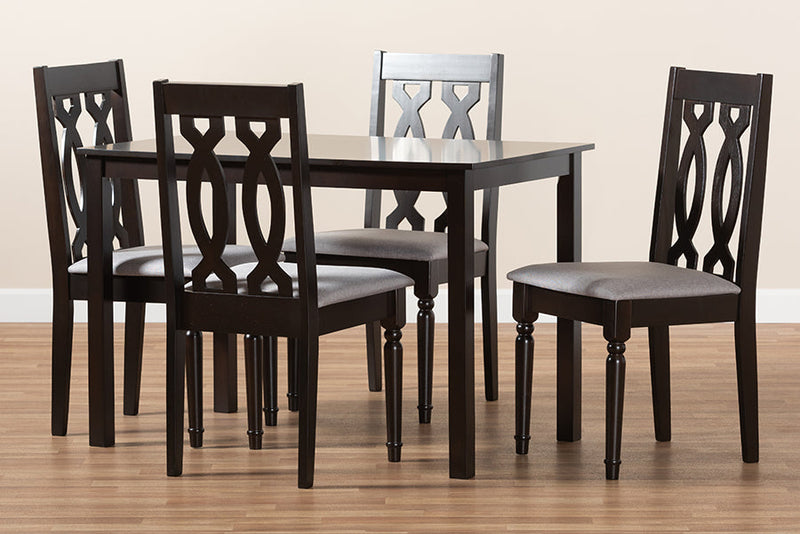 Kaira Gray Fabric Upholstered Espresso Brown Finished 5-Piece Wood Dining Set Baxton