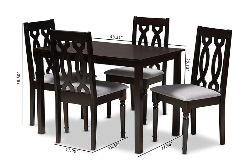 Kaira Gray Fabric Upholstered Espresso Brown Finished 5-Piece Wood Dining Set Baxton