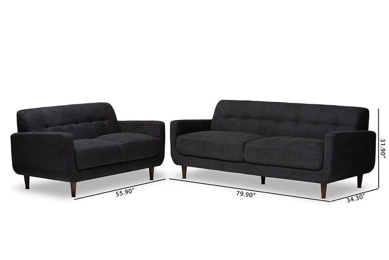 Orrin Mid-Century Modern Dark Gray Fabric Upholstered 2-Piece Living Room Set