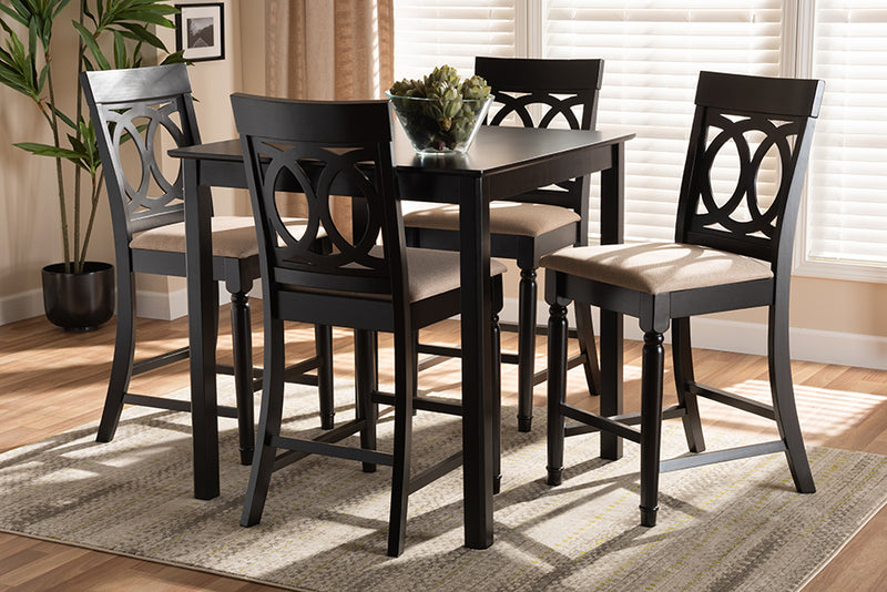 Camilo Modern and Contemporary Sand Fabric Upholstered Espresso Brown Finished 5-Piece Wood Pub Set