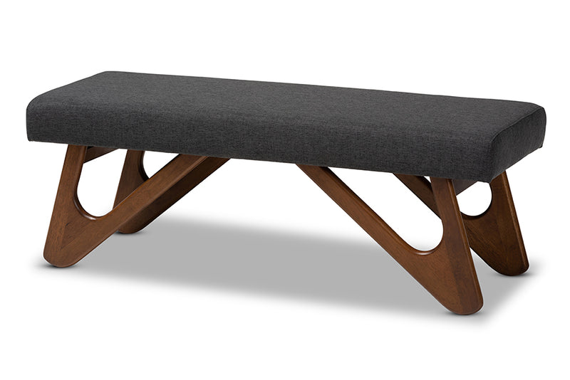 Soleil Mid-Century Modern Dark Gray Fabric Upholstered Walnut Brown Finished Boomerang Bench