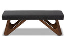 Soleil Dark Gray Fabric Upholstered Walnut Brown Finished Boomerang Bench Baxton