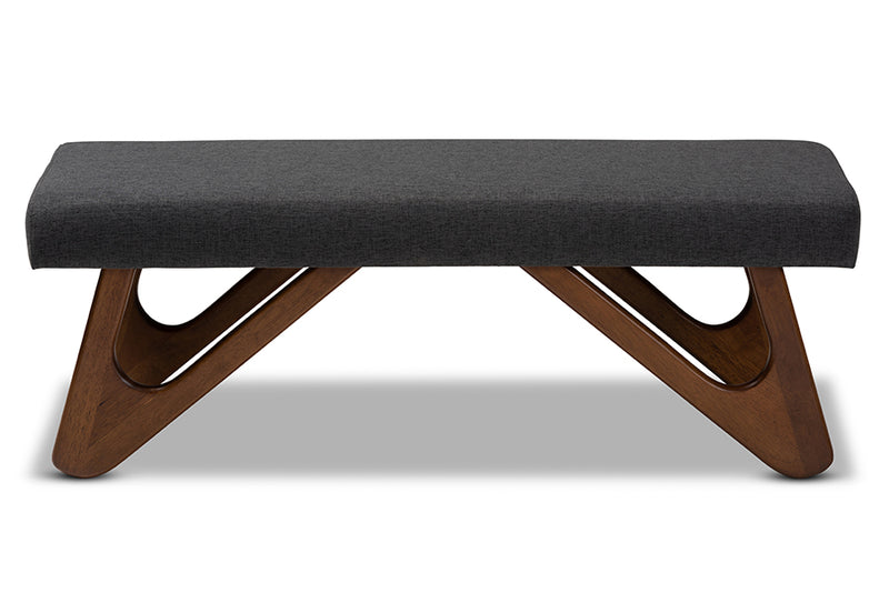 Soleil Mid-Century Modern Dark Gray Fabric Upholstered Walnut Brown Finished Boomerang Bench