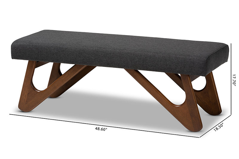 Soleil Mid-Century Modern Dark Gray Fabric Upholstered Walnut Brown Finished Boomerang Bench