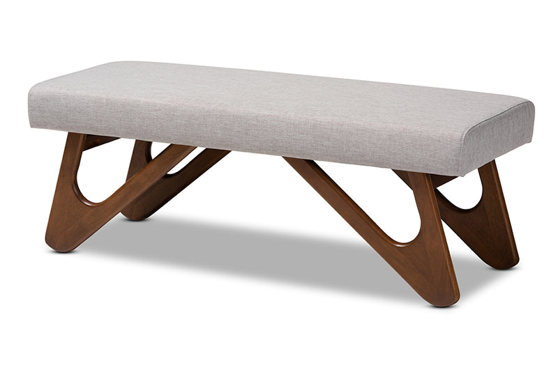 Soleil Mid-Century Modern Greyish Beige Fabric Upholstered Walnut Brown Finished Boomerang Bench