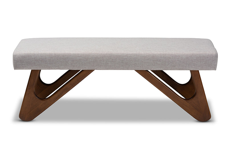 Soleil Mid-Century Modern Greyish Beige Fabric Upholstered Walnut Brown Finished Boomerang Bench