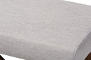 Soleil Greyish Beige Fabric Upholstered Walnut Brown Finished Boomerang Bench Baxton