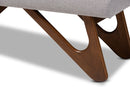 Soleil Greyish Beige Fabric Upholstered Walnut Brown Finished Boomerang Bench Baxton