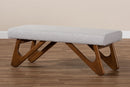 Soleil Greyish Beige Fabric Upholstered Walnut Brown Finished Boomerang Bench Baxton