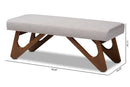 Soleil Greyish Beige Fabric Upholstered Walnut Brown Finished Boomerang Bench Baxton
