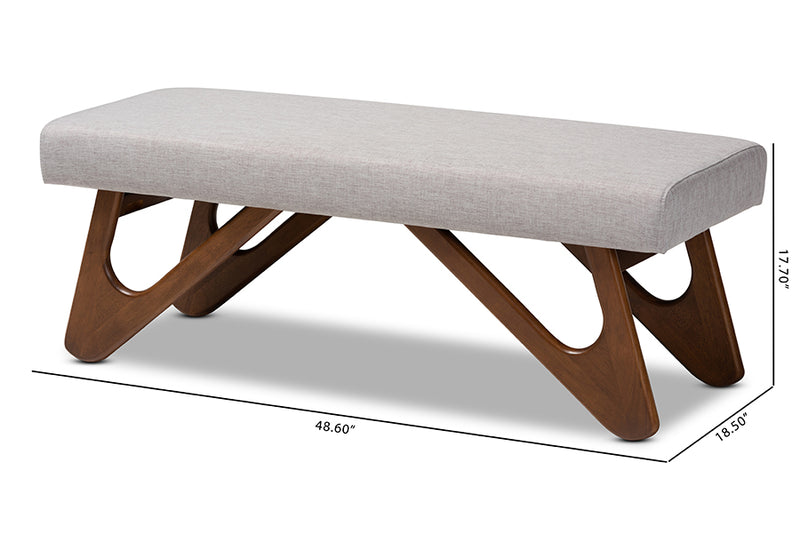 Soleil Mid-Century Modern Greyish Beige Fabric Upholstered Walnut Brown Finished Boomerang Bench