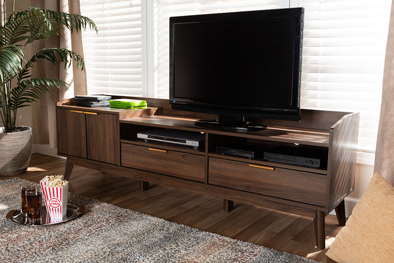 Linus Mid-Century Modern Walnut Brown Finished 2-Drawer Wood TV Stand