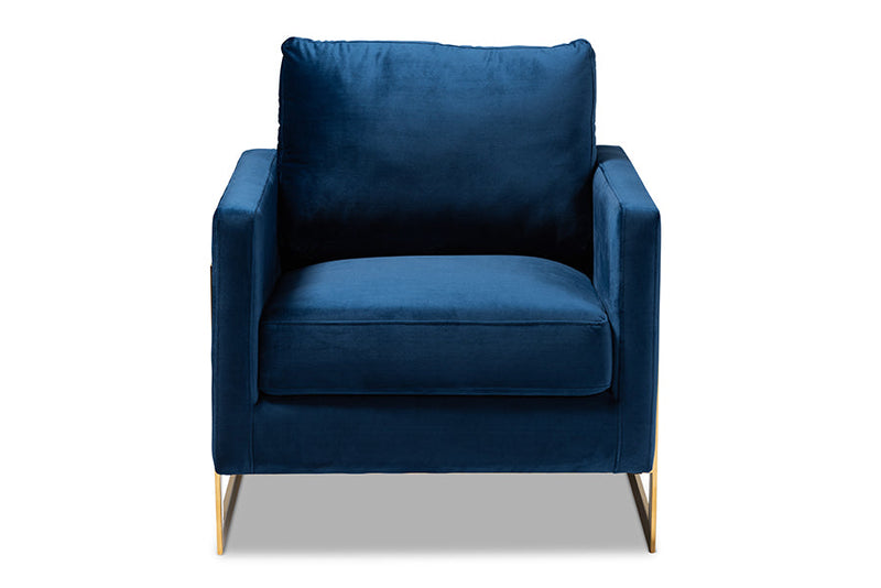 Clara Royal Blue Velvet Fabric Upholstered Gold Finished Armchair Baxton