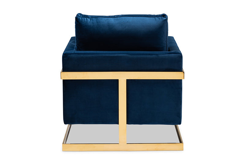 Clara Royal Blue Velvet Fabric Upholstered Gold Finished Armchair Baxton