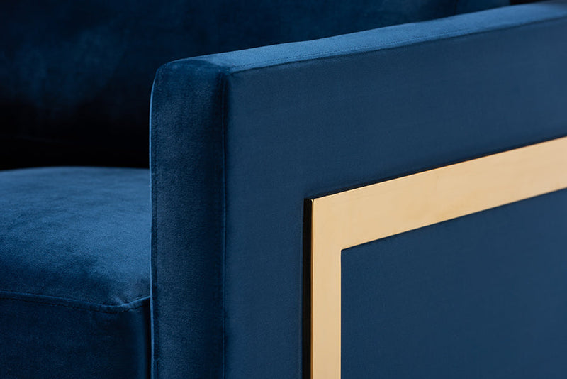 Clara Royal Blue Velvet Fabric Upholstered Gold Finished Armchair Baxton