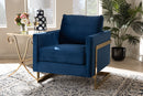 Clara Royal Blue Velvet Fabric Upholstered Gold Finished Armchair Baxton