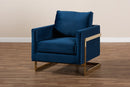 Clara Royal Blue Velvet Fabric Upholstered Gold Finished Armchair Baxton