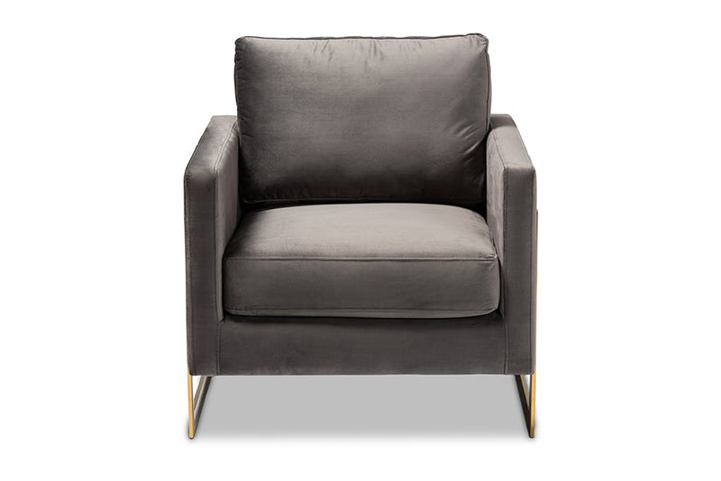 Clara Gray Velvet Fabric Upholstered Gold Finished Armchair Baxton