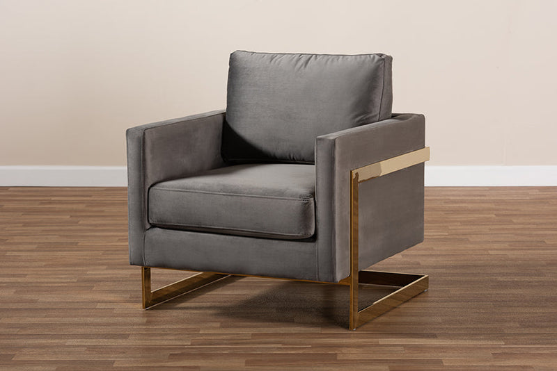 Clara Gray Velvet Fabric Upholstered Gold Finished Armchair Baxton