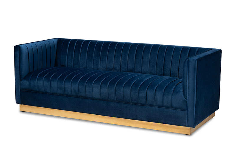 Benicia Glam and Luxe Navy Blue Velvet Fabric Upholstered Brushed Gold Finished Sofa