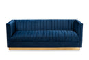 Benicia Navy Blue Velvet Fabric Upholstered Brushed Gold Finished Sofa Baxton