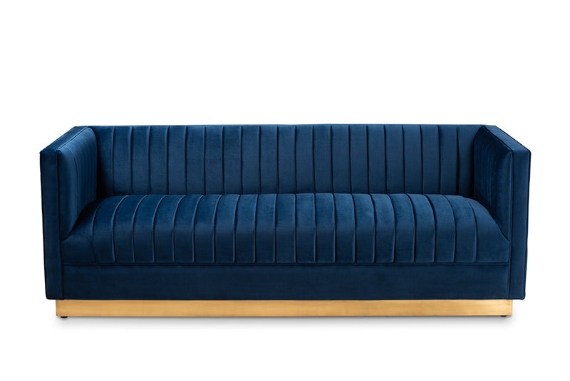 Benicia Glam and Luxe Navy Blue Velvet Fabric Upholstered Brushed Gold Finished Sofa