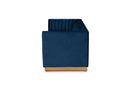 Benicia Navy Blue Velvet Fabric Upholstered Brushed Gold Finished Sofa Baxton