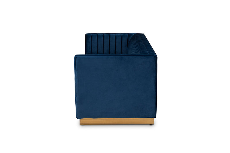 Benicia Glam and Luxe Navy Blue Velvet Fabric Upholstered Brushed Gold Finished Sofa