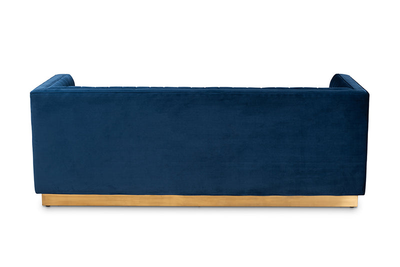 Benicia Glam and Luxe Navy Blue Velvet Fabric Upholstered Brushed Gold Finished Sofa