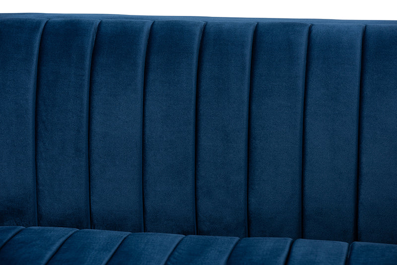 Benicia Glam and Luxe Navy Blue Velvet Fabric Upholstered Brushed Gold Finished Sofa