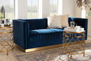 Benicia Navy Blue Velvet Fabric Upholstered Brushed Gold Finished Sofa Baxton
