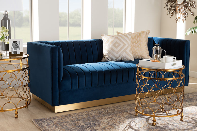 Benicia Glam and Luxe Navy Blue Velvet Fabric Upholstered Brushed Gold Finished Sofa